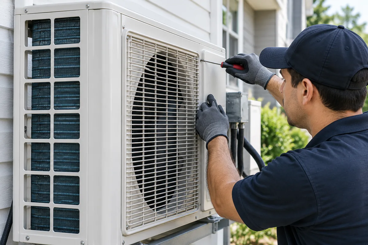 Technician repairing an outdoor aircond unit