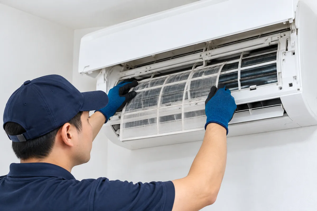 NARTI technician cleaning the filter of a wall-mounted aircond