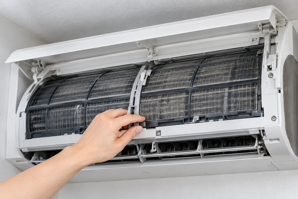 Dusty aircond filter being removed for cleaning