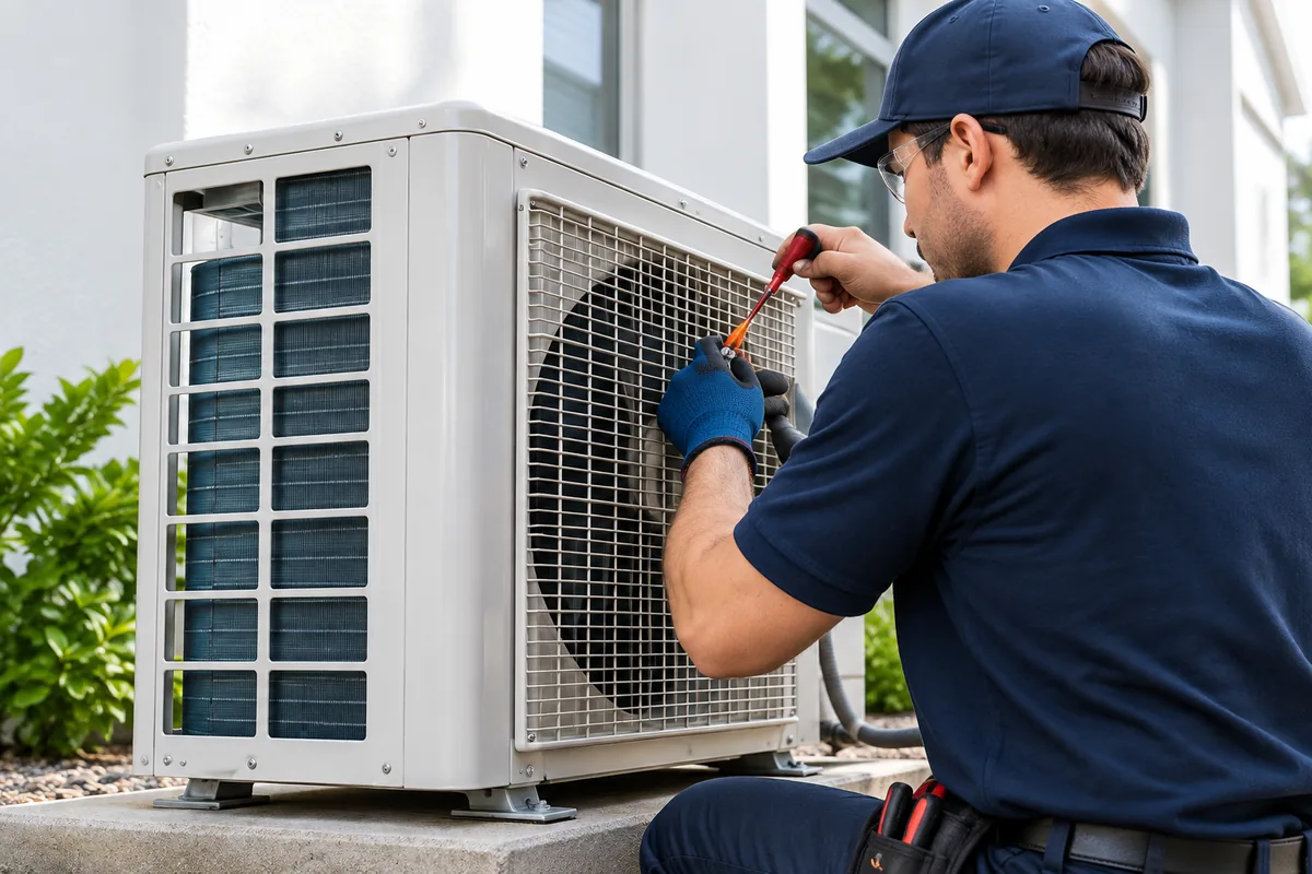 Technician inspecting an outdoor aircond unit